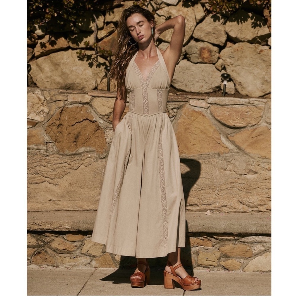 Free People Making Moments Jumpsuit Wide Leg Backless Tan Cream - Picture 3 of 11